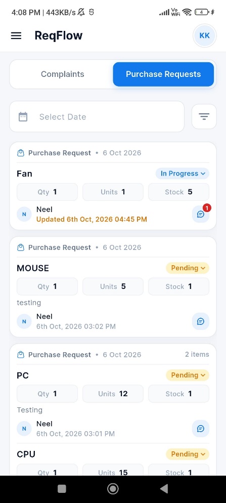 Purchase Requests list