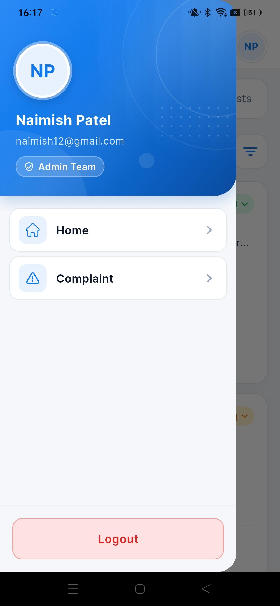 Admin Team menu