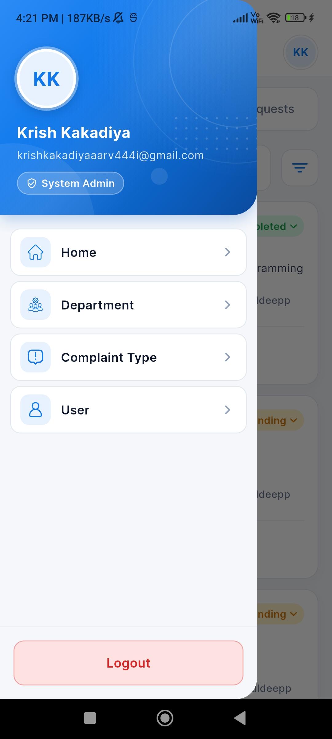 System Admin menu